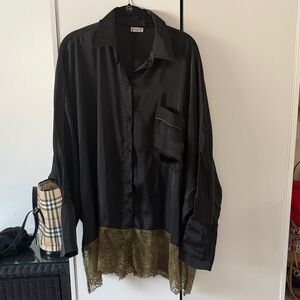 FREE PEOPLE / Black Satin Shirt with Lace Hem - M